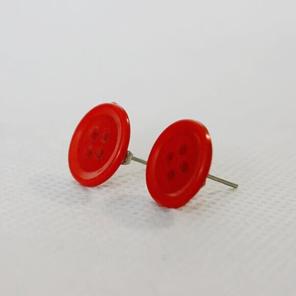 Red Button Stud Earrings - Picture 3 of 4